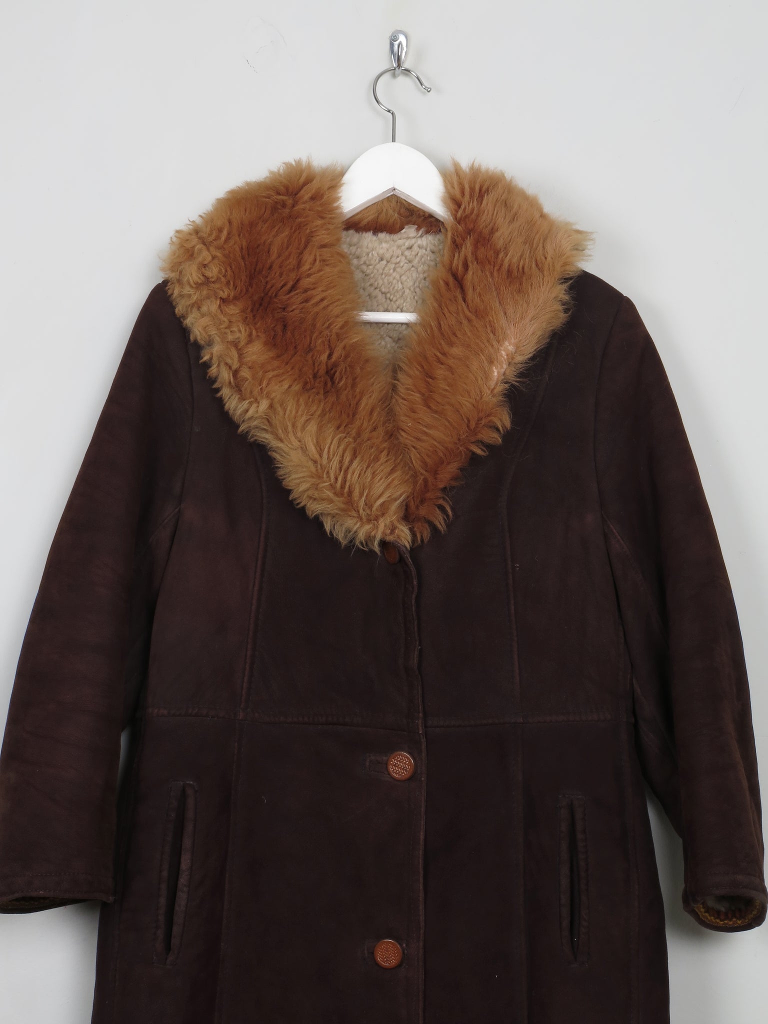 Women's Vintage Brown Sheepskin Coat With Furry Collar M