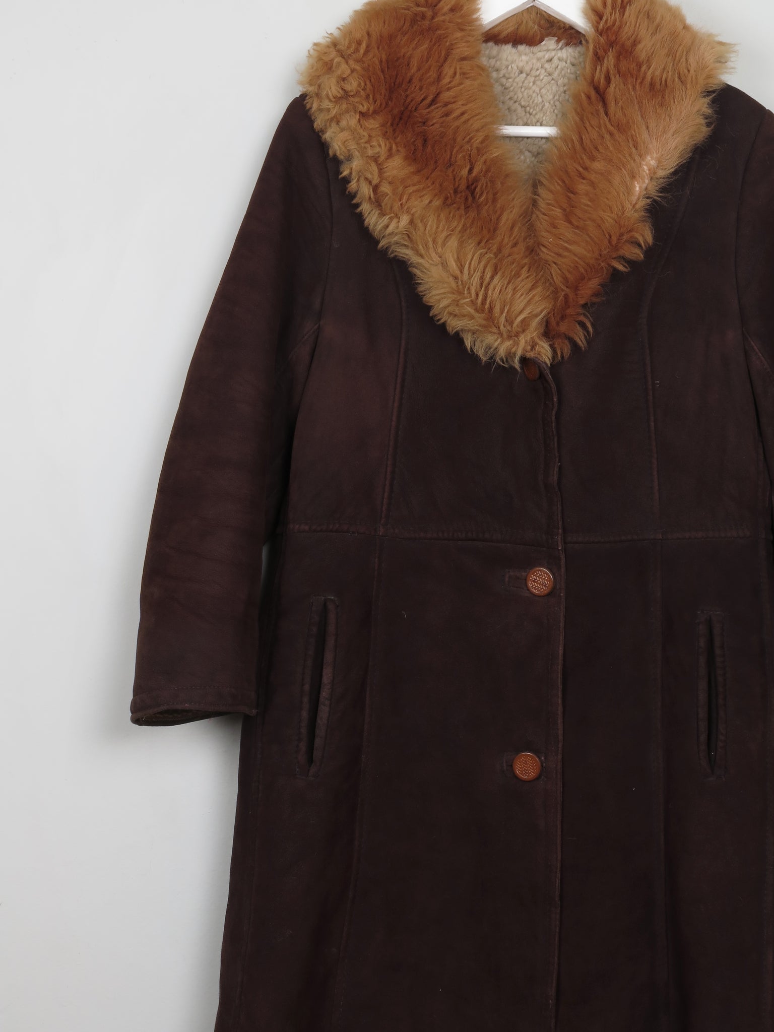 Women's Vintage Brown Sheepskin Coat With Furry Collar M