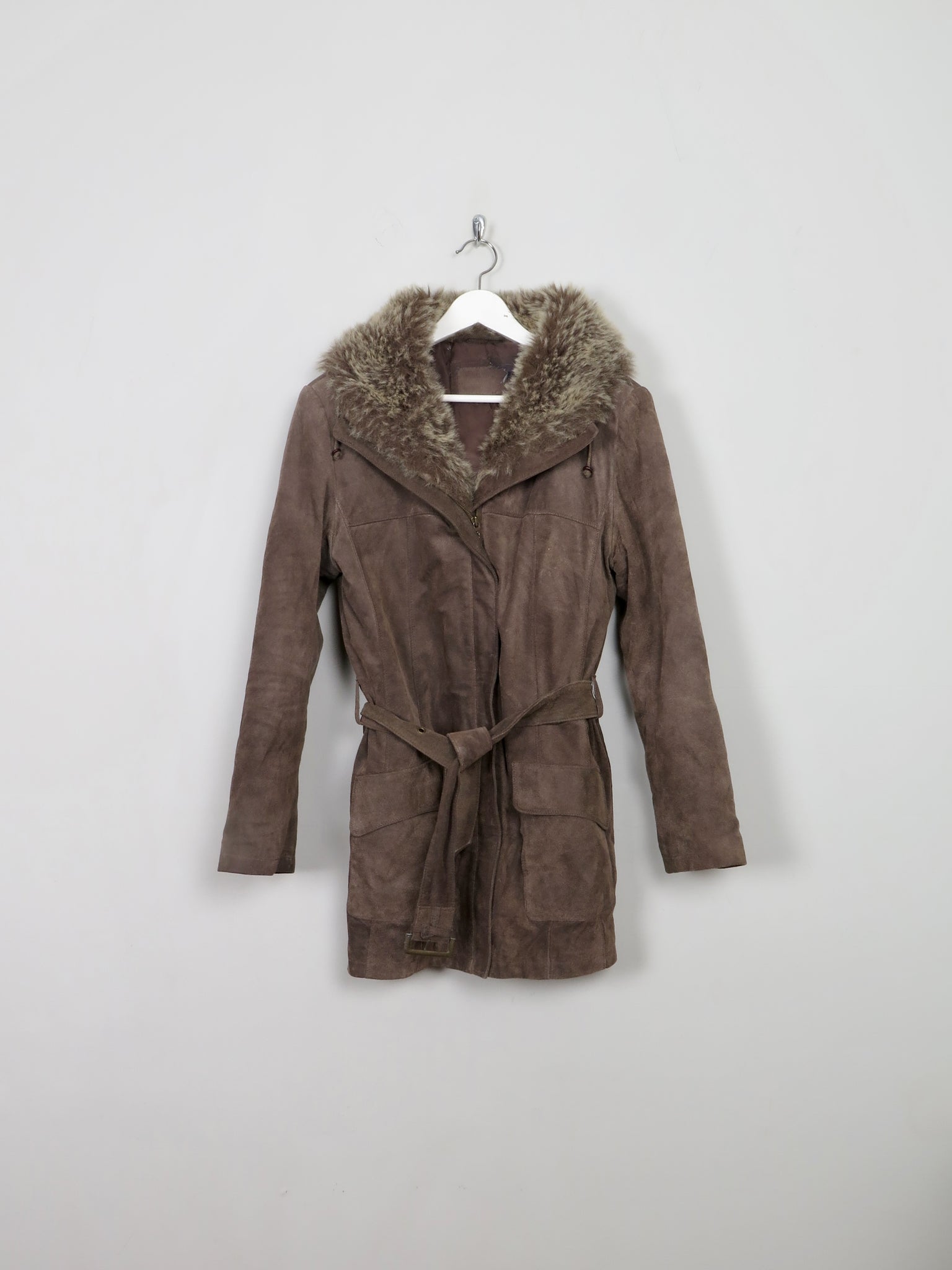 Women's 90's Brown Suede Jacket With Furry Hood M