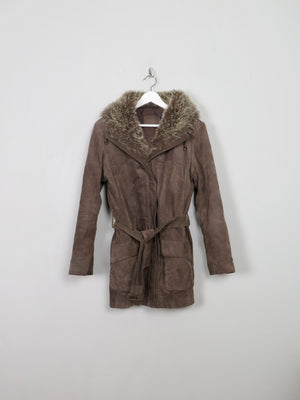 Women's 90's Brown Suede Jacket With Furry Hood M