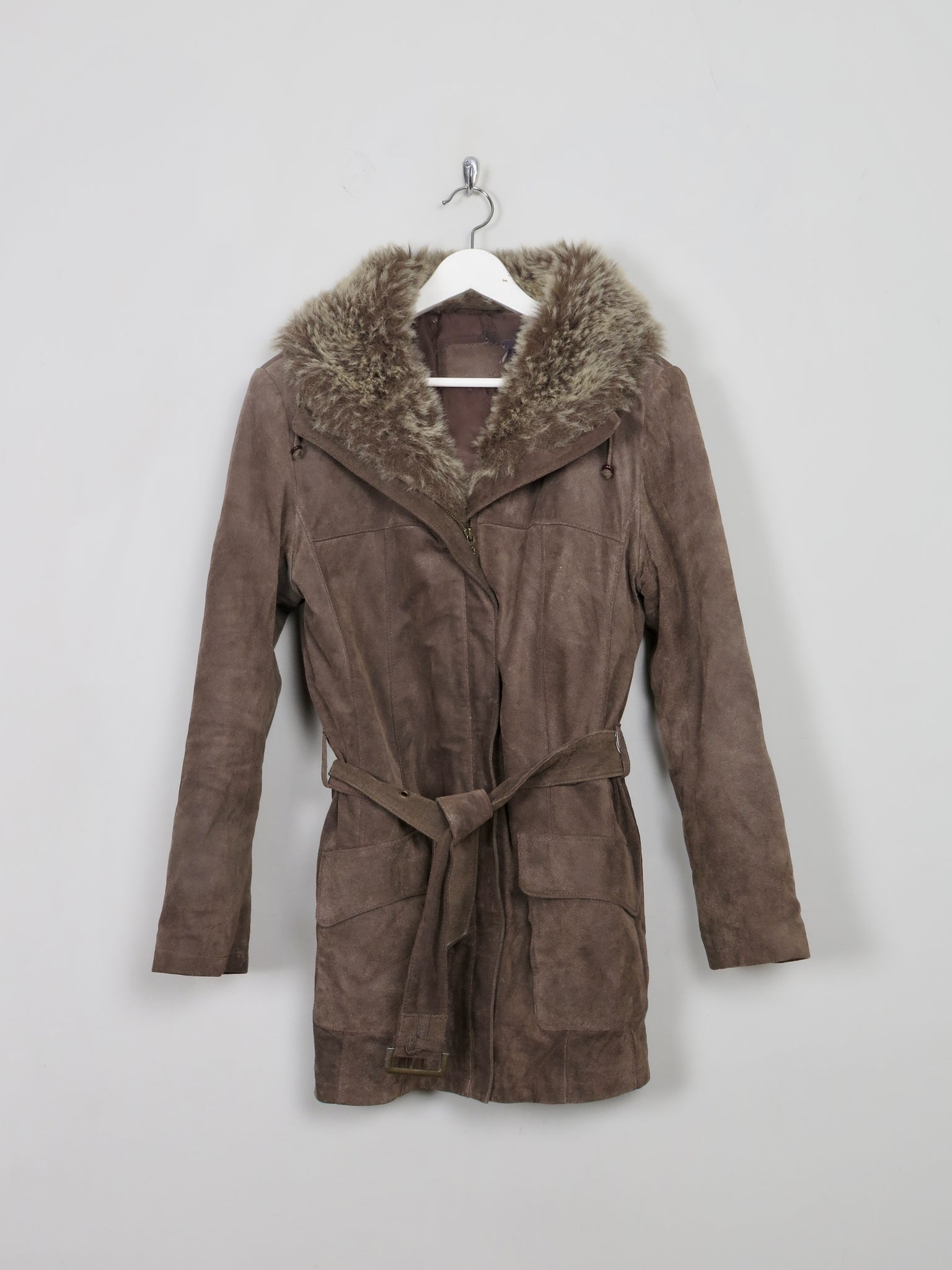 Women's 90's Brown Suede Jacket With Furry Hood M