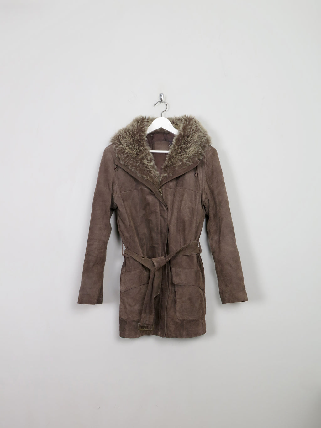 Women's 90's Brown Suede Jacket With Furry Hood M