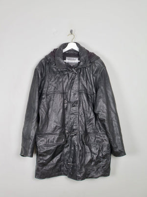 Men's Black Heavy Leather Duffle Coat L - The Harlequin