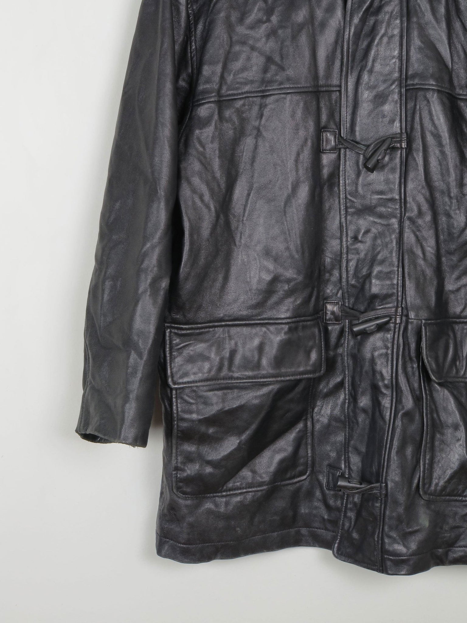 Men's Black Heavy Leather Duffle Coat L - The Harlequin