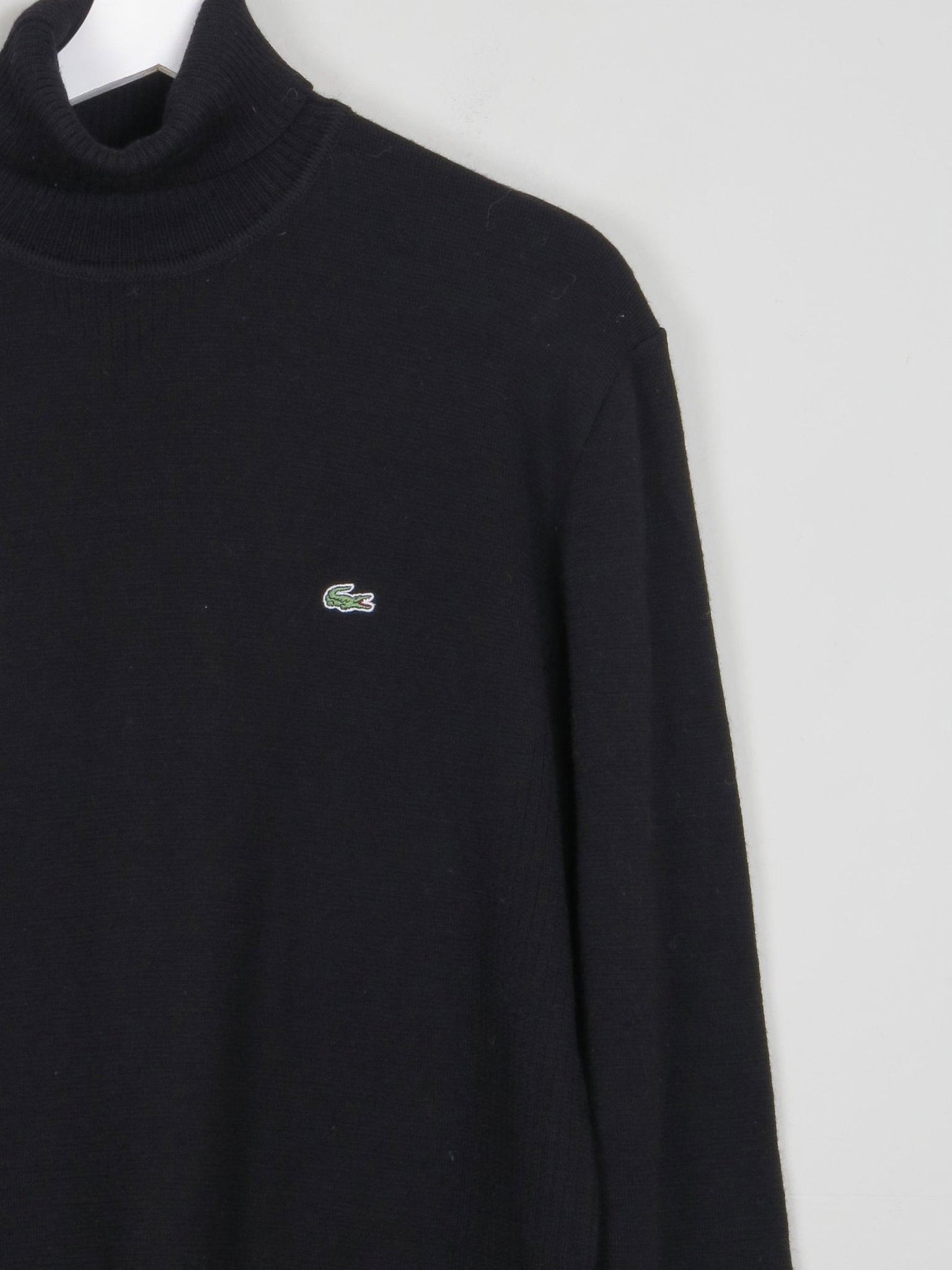 Men's Black Wool Vintage Lacoste Polo Neck Jumper S - The Harlequin