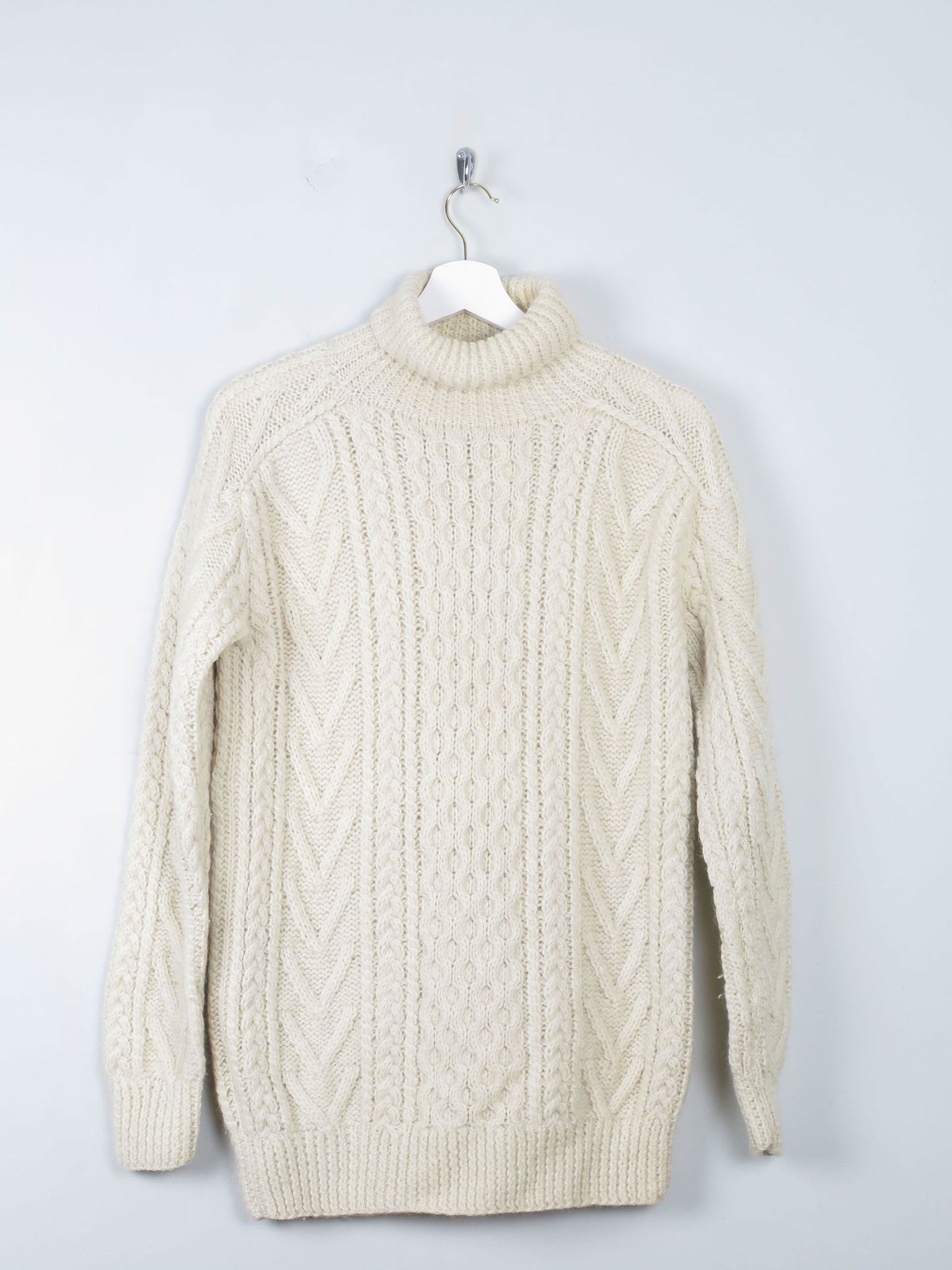 Men's Cream Vintage Aran Jumper Polo Neck S - The Harlequin