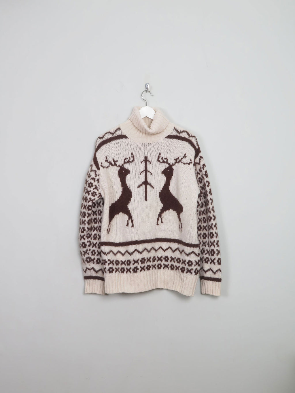 Men's Cream Vintage Polo Neck Deer Jumper M - The Harlequin