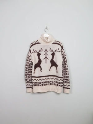 Men's Cream Vintage Polo Neck Deer Jumper M - The Harlequin