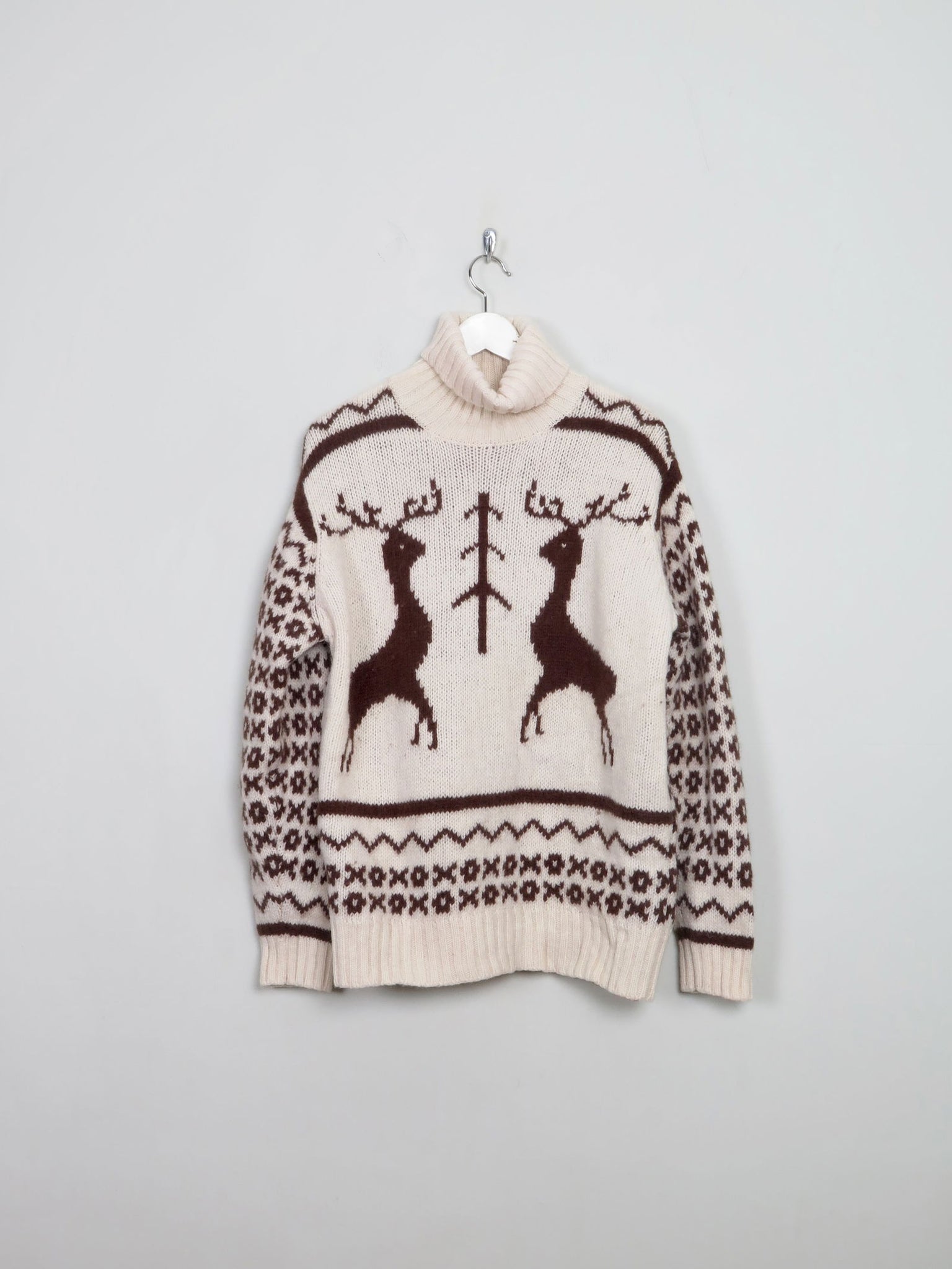 Men's Cream Vintage Polo Neck Deer Jumper M - The Harlequin