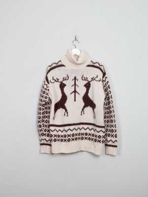 Men's Cream Vintage Polo Neck Deer Jumper M - The Harlequin