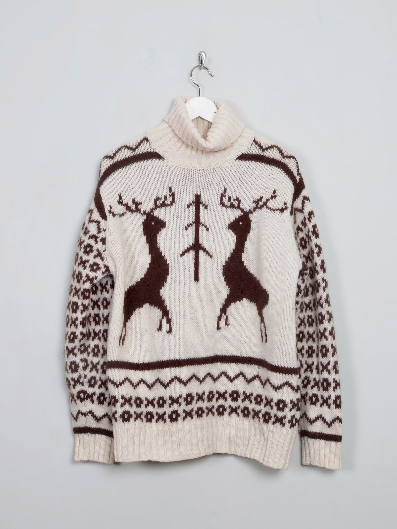 Men's Cream Vintage Polo Neck Deer Jumper M - The Harlequin