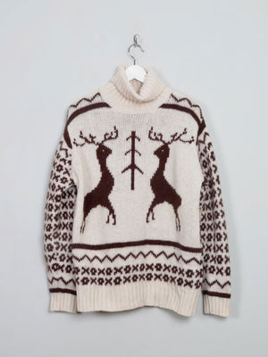 Men's Cream Vintage Polo Neck Deer Jumper M - The Harlequin