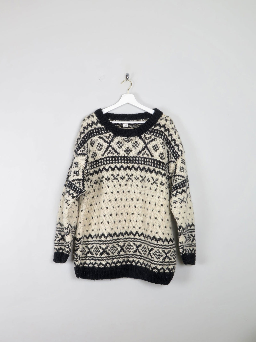 Men's Handmade Vintage Cream Jumper With Black Pattern XL - The Harlequin