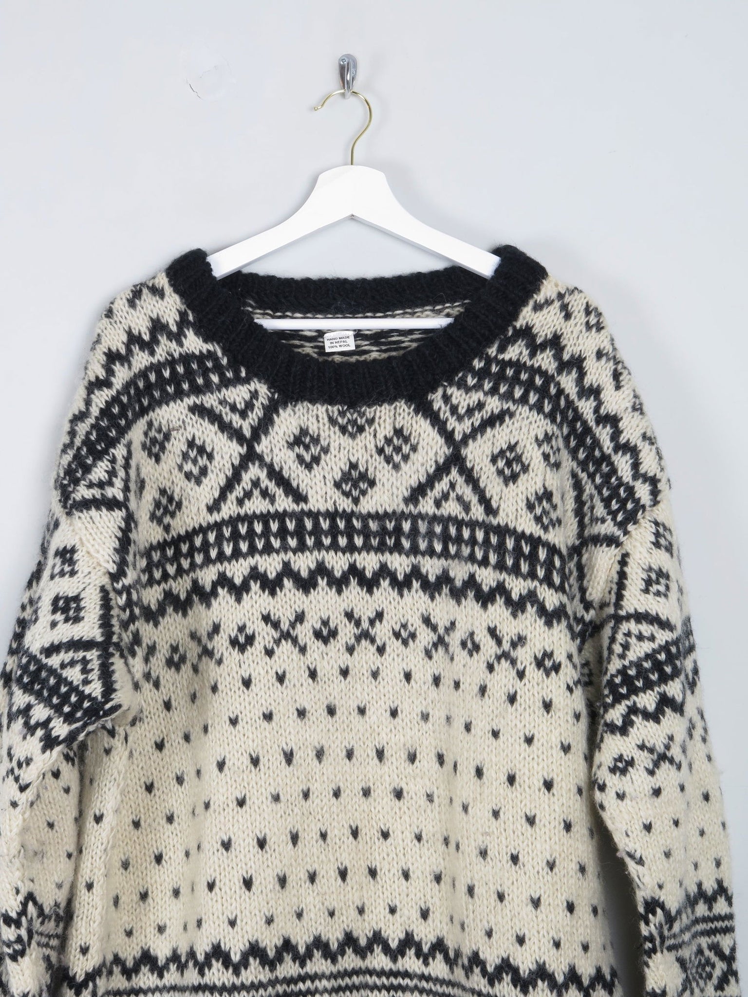Men's Handmade Vintage Cream Jumper With Black Pattern XL - The Harlequin