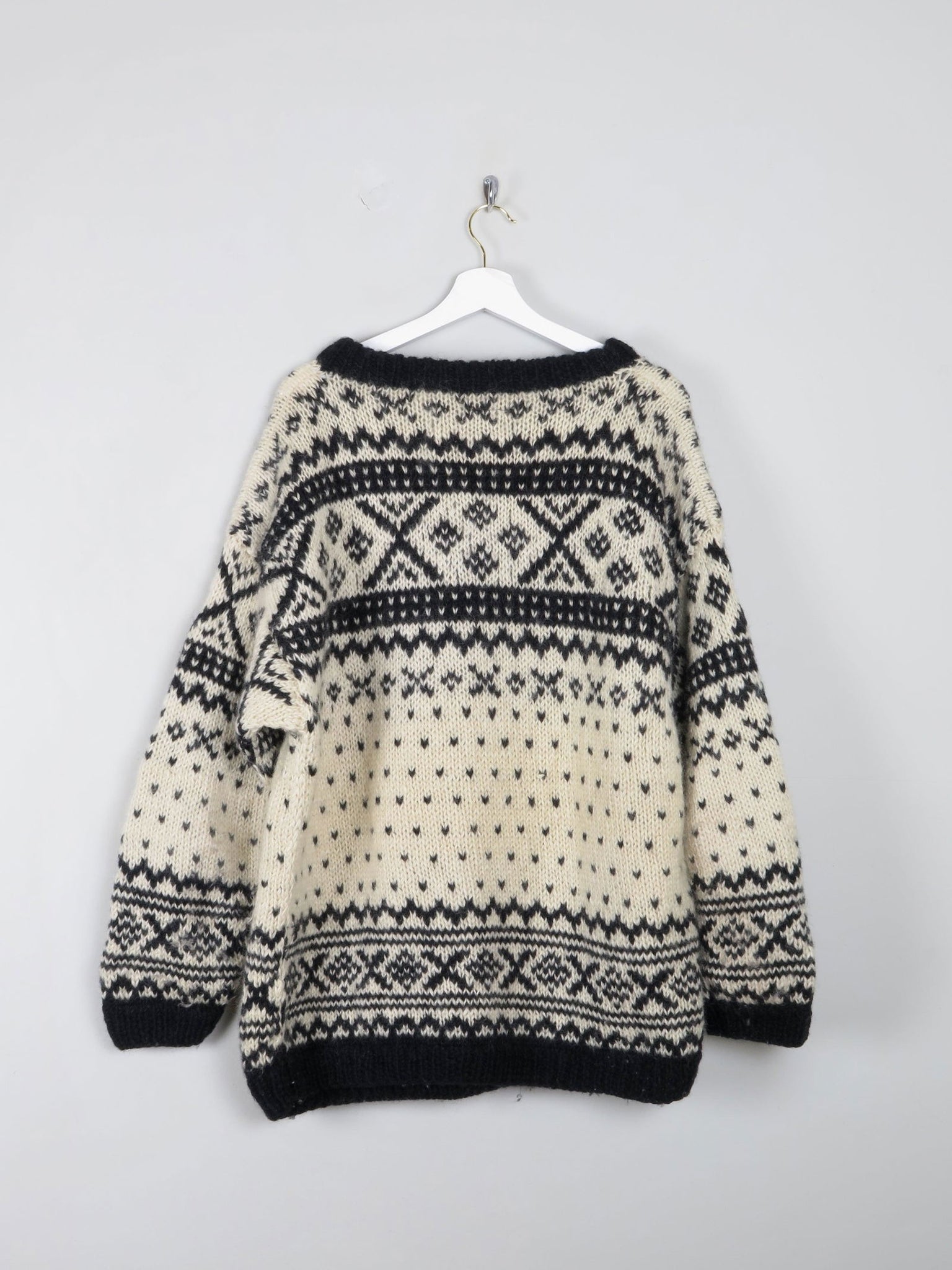 Men's Handmade Vintage Cream Jumper With Black Pattern XL - The Harlequin