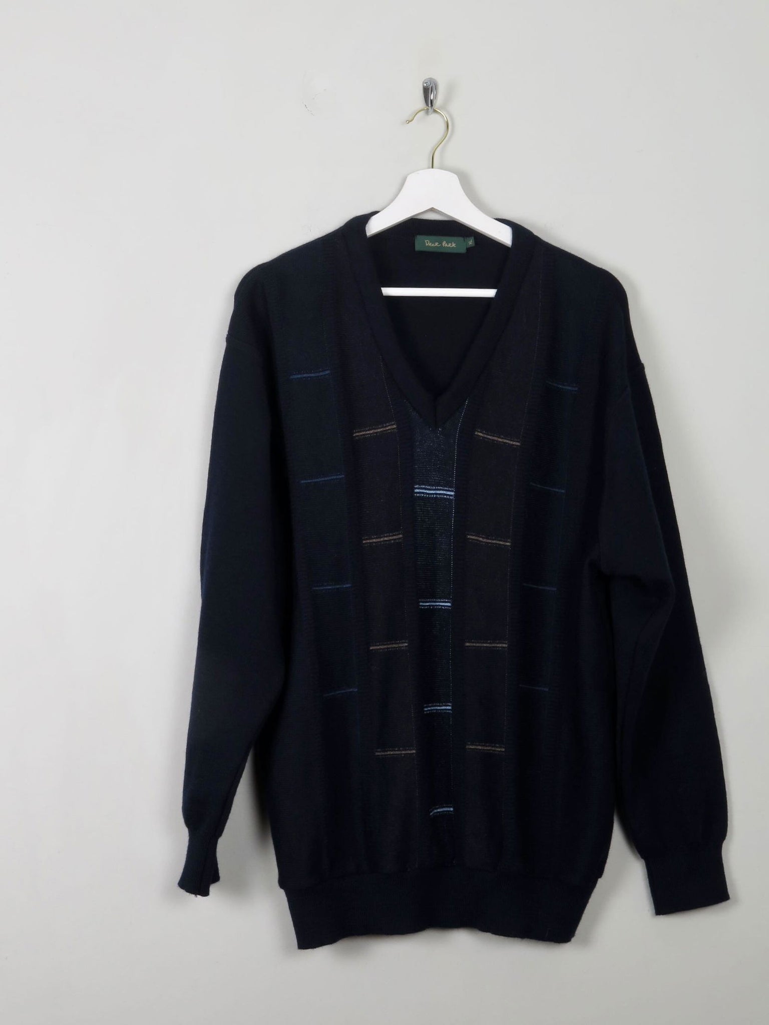 Men's Navy Printed Vintage V- Neck Jumper XL - The Harlequin
