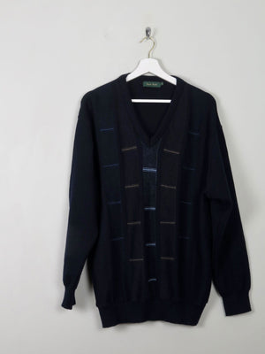 Men's Navy Printed Vintage V- Neck Jumper XL - The Harlequin