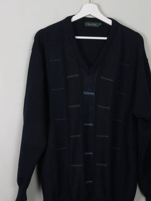 Men's Navy Printed Vintage V- Neck Jumper XL - The Harlequin