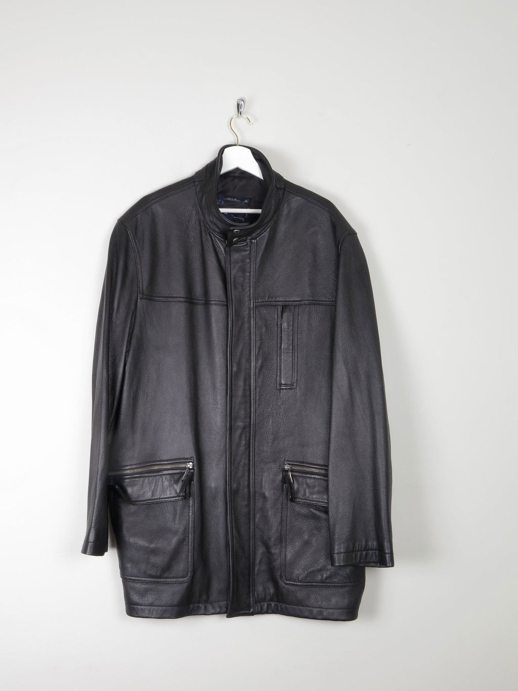Men’s Vintage Black Leather Parka Style Long Jacket L - The Harlequin