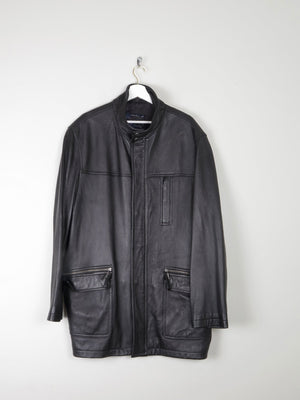 Men’s Vintage Black Leather Parka Style Long Jacket L - The Harlequin
