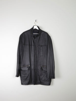 Men’s Vintage Black Leather Parka Style Long Jacket L - The Harlequin