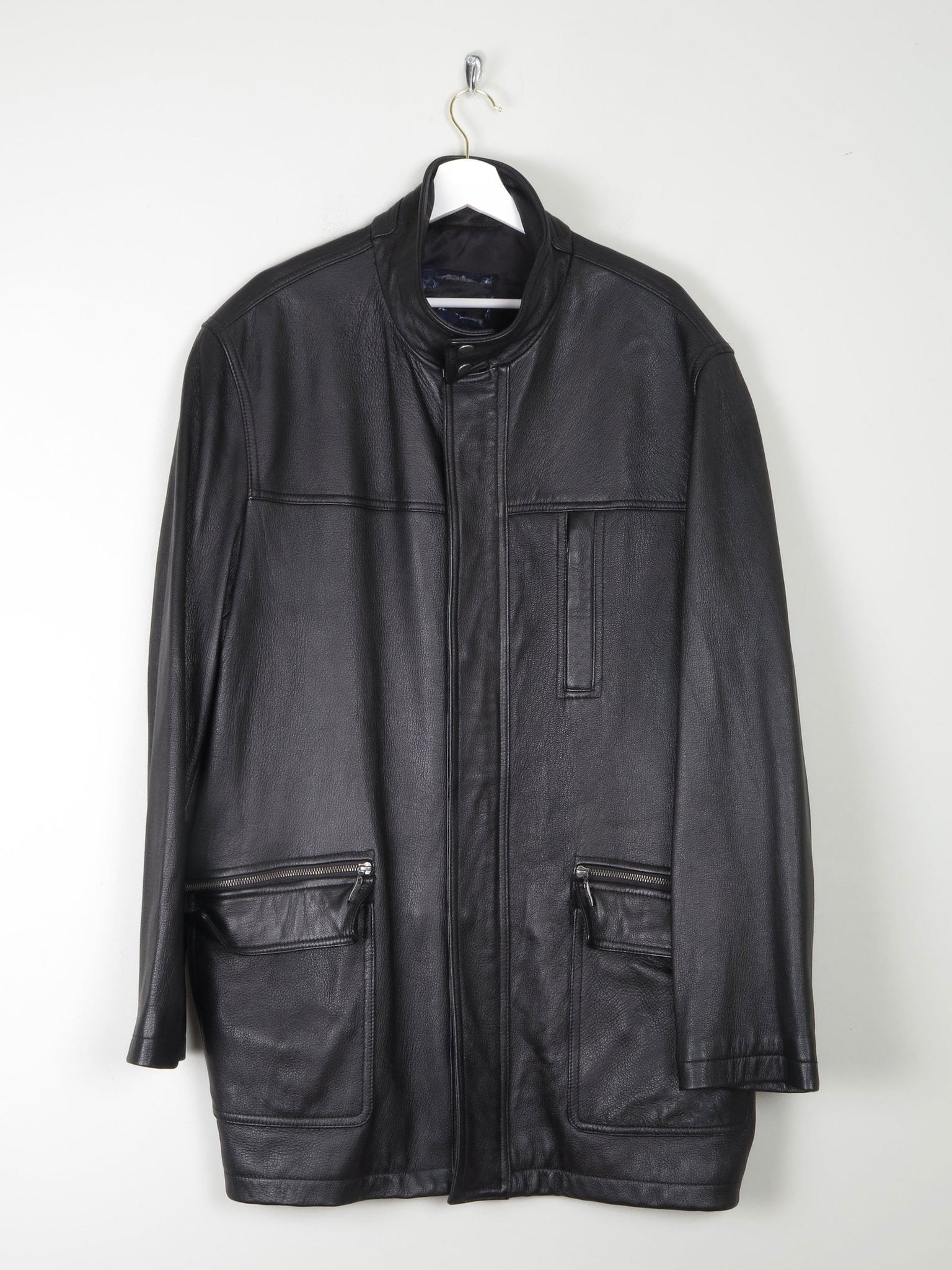 Men’s Vintage Black Leather Parka Style Long Jacket L - The Harlequin