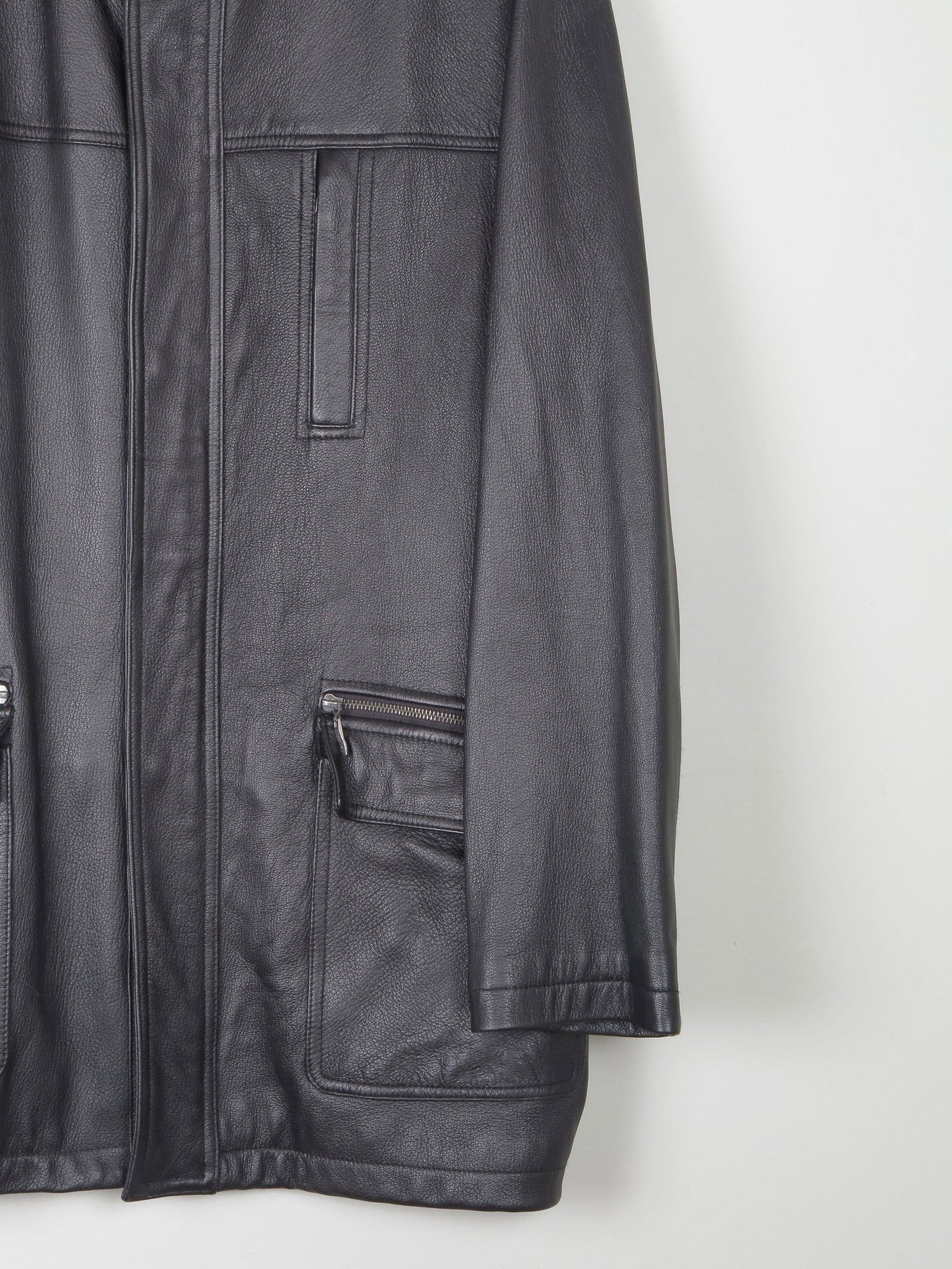 Men’s Vintage Black Leather Parka Style Long Jacket L - The Harlequin
