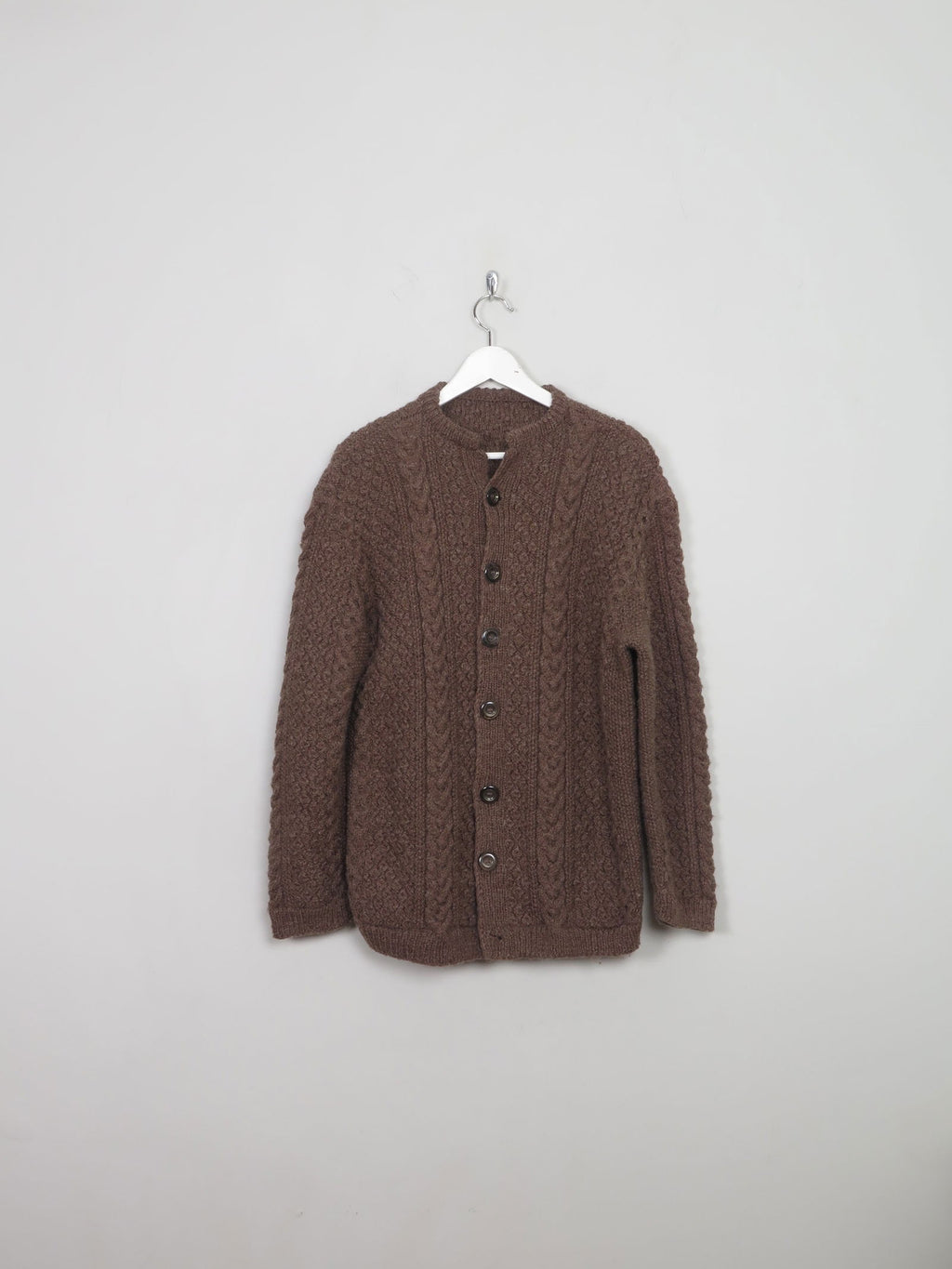 Men's Vintage Brown Hand-knit Aran Cardigan M - The Harlequin