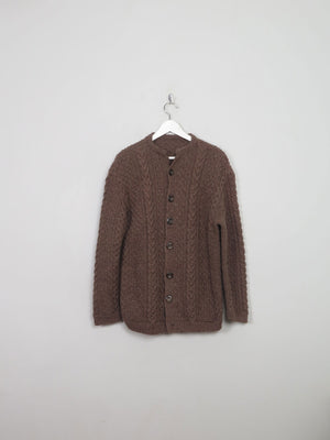 Men's Vintage Brown Hand-knit Aran Cardigan M - The Harlequin