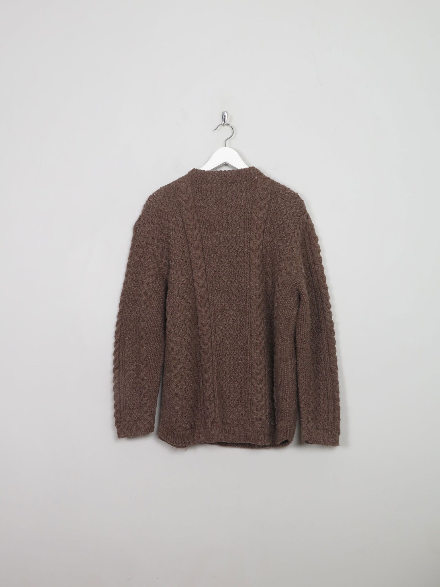 Men's Vintage Brown Hand-knit Aran Cardigan M - The Harlequin