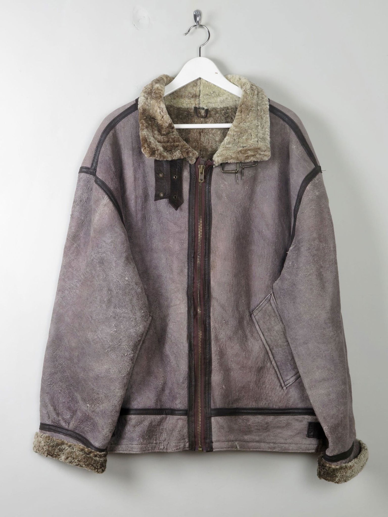 Men's Vintage Grey Shearling Aviator Jacket XL - The Harlequin