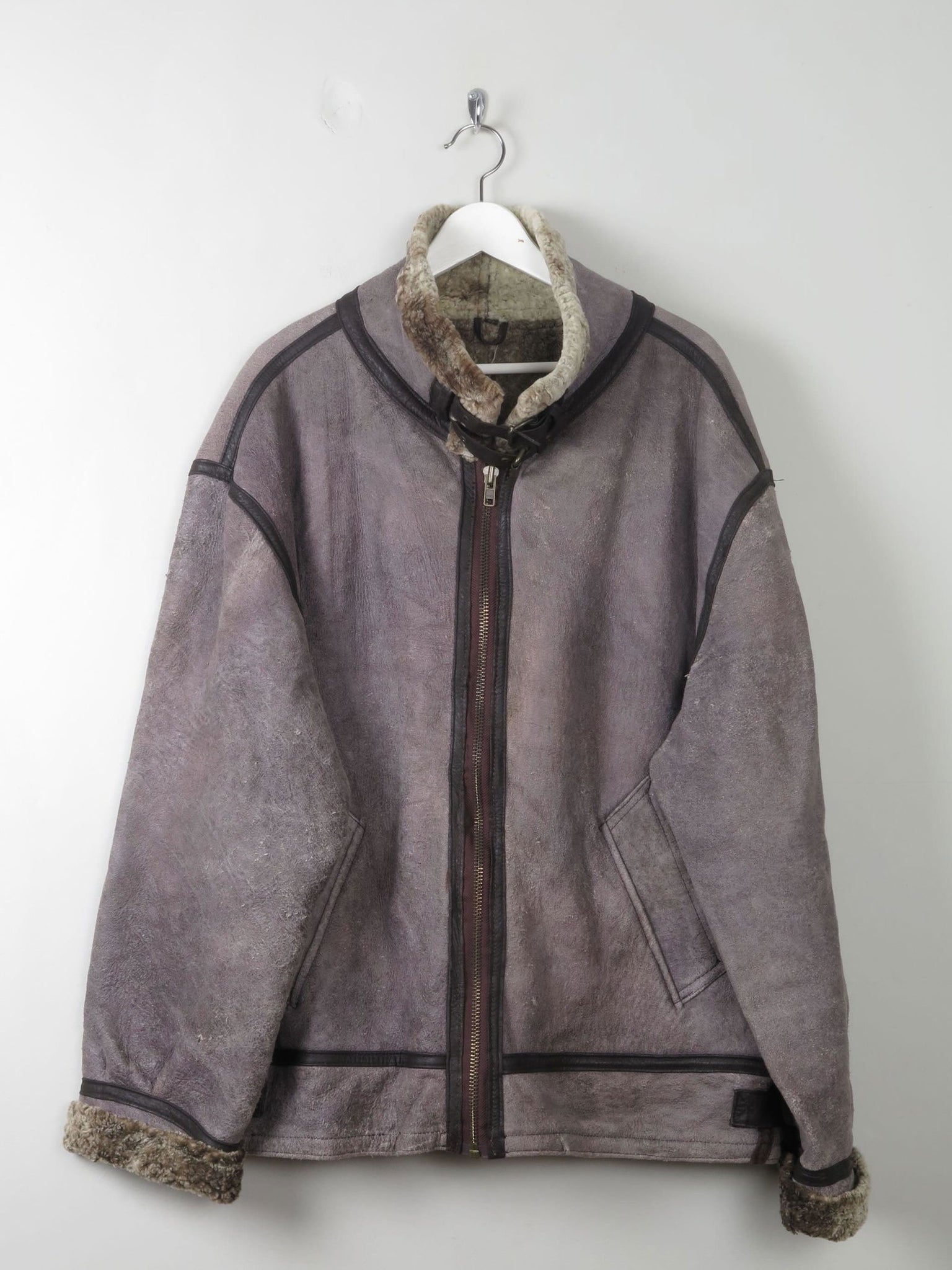 Men's Vintage Grey Shearling Aviator Jacket XL - The Harlequin