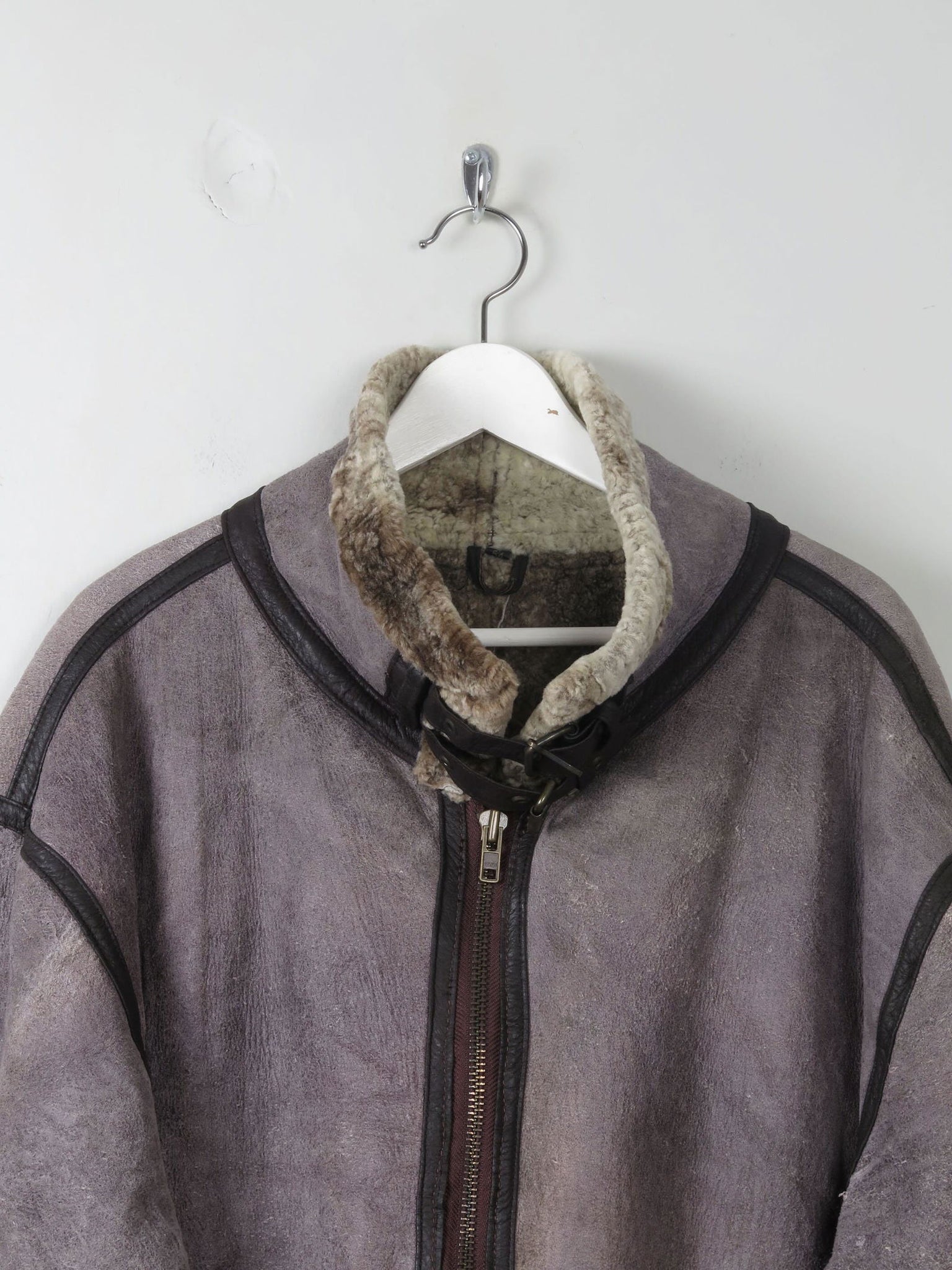 Men's Vintage Grey Shearling Aviator Jacket XL - The Harlequin