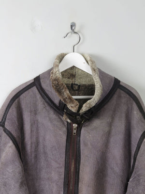 Men's Vintage Grey Shearling Aviator Jacket XL - The Harlequin