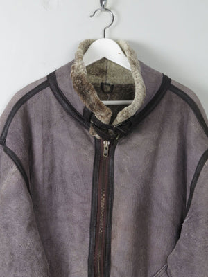 Men's Vintage Grey Shearling Aviator Jacket XL - The Harlequin