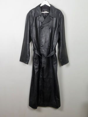 Men's Vintage Long Belted Black Leather Coat L - The Harlequin