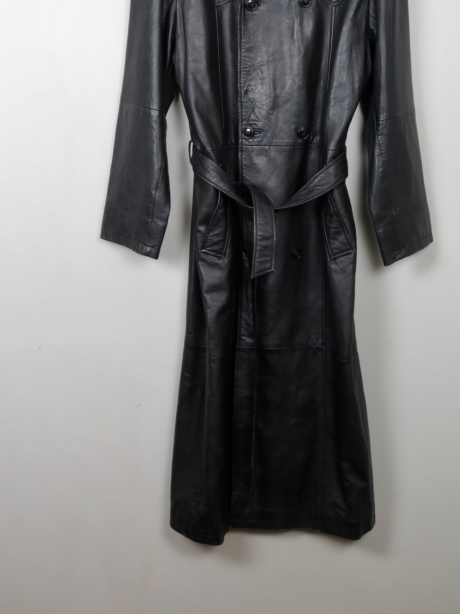 Men's Vintage Long Belted Black Leather Coat L - The Harlequin