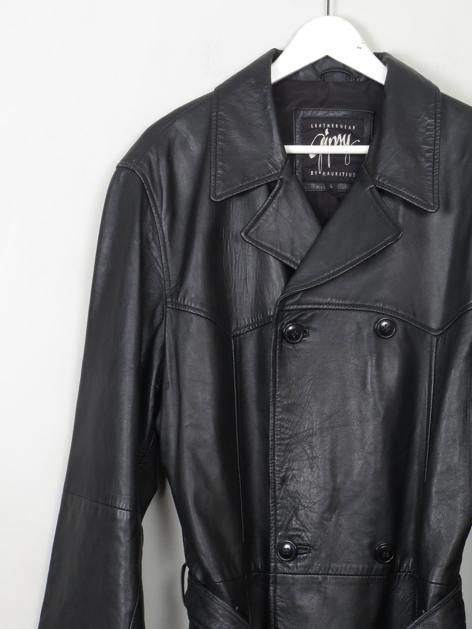 Men's Vintage Long Belted Black Leather Coat L - The Harlequin