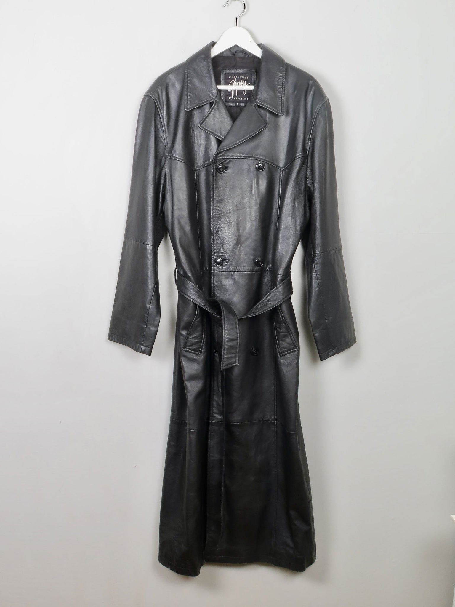 Men's Vintage Long Belted Black Leather Coat L - The Harlequin