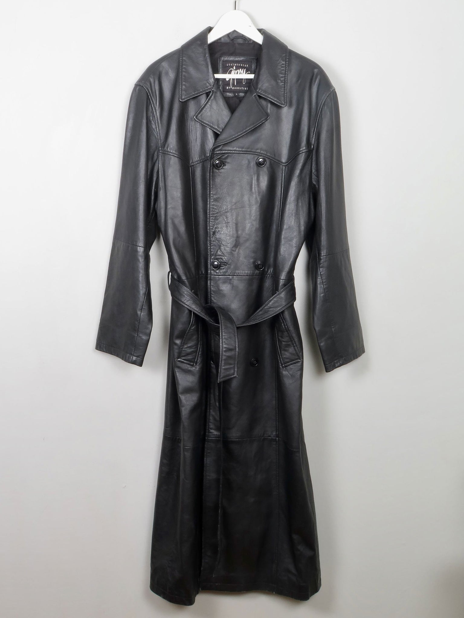 Men's Vintage Long Belted Black Leather Coat L - The Harlequin