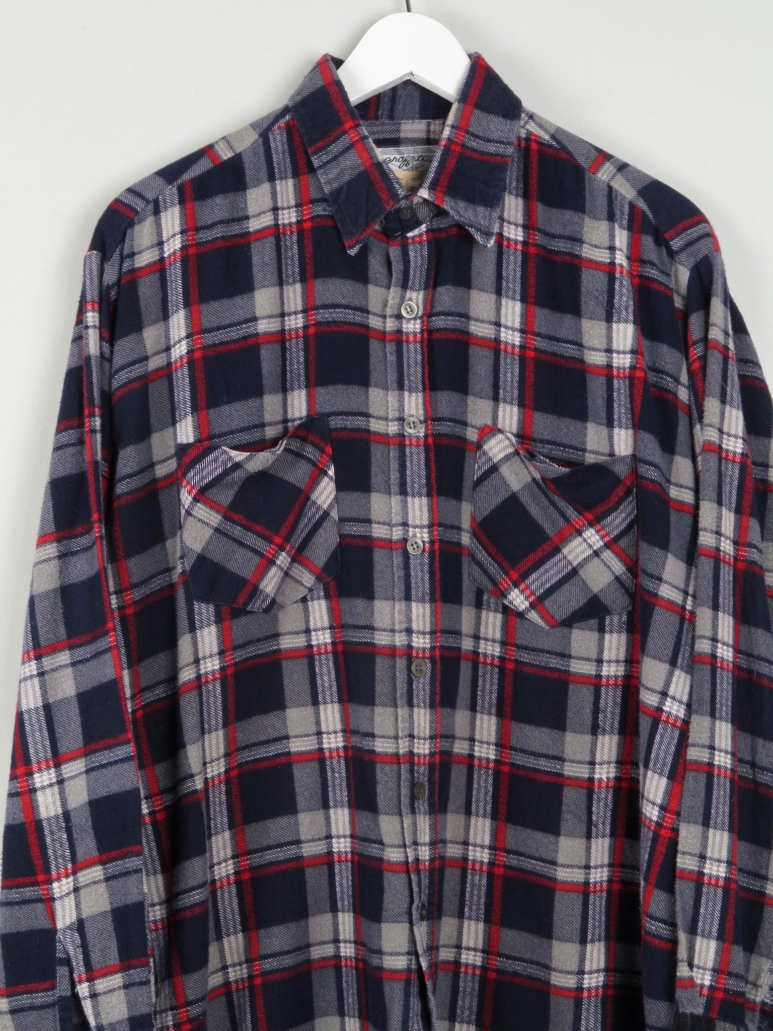 Men’s Vintage Navy & Red Flannel Shirt L - The Harlequin
