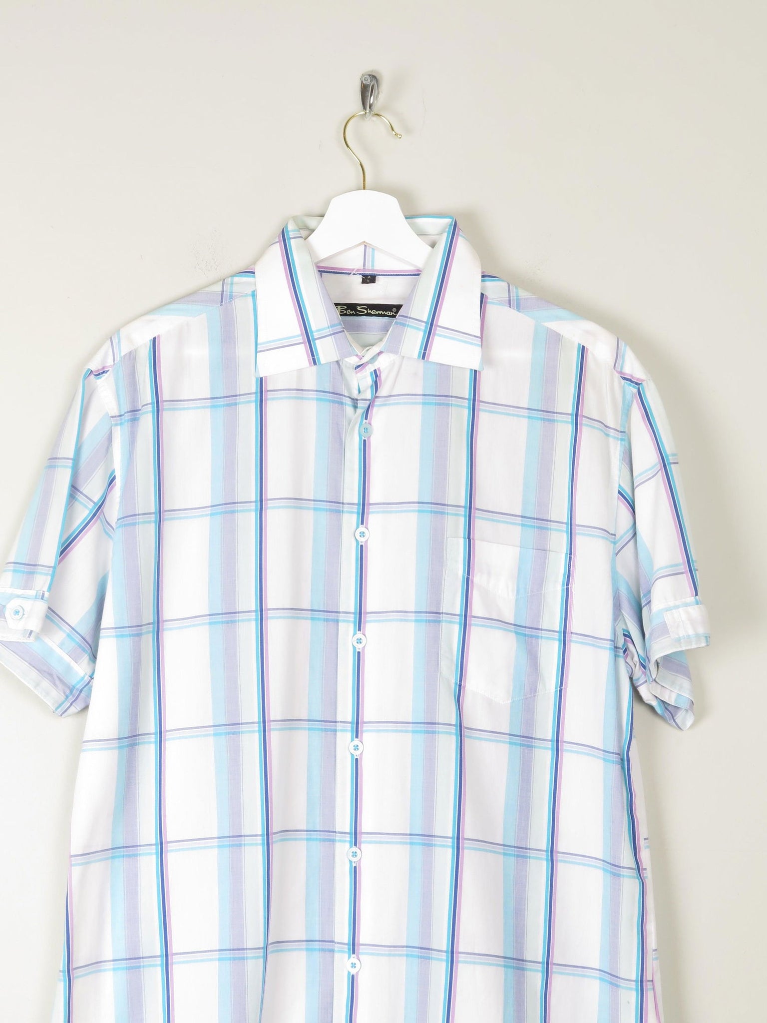 Men's White Cotton Check Short Sleeve Ben Sherman Shirt L - The Harlequin