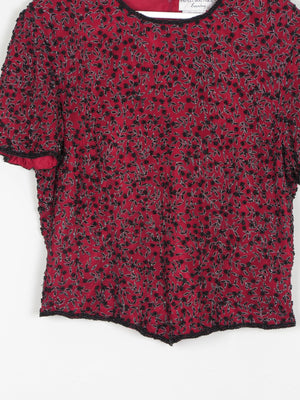 Red & Black Beaded Short Sleeved Top L - The Harlequin