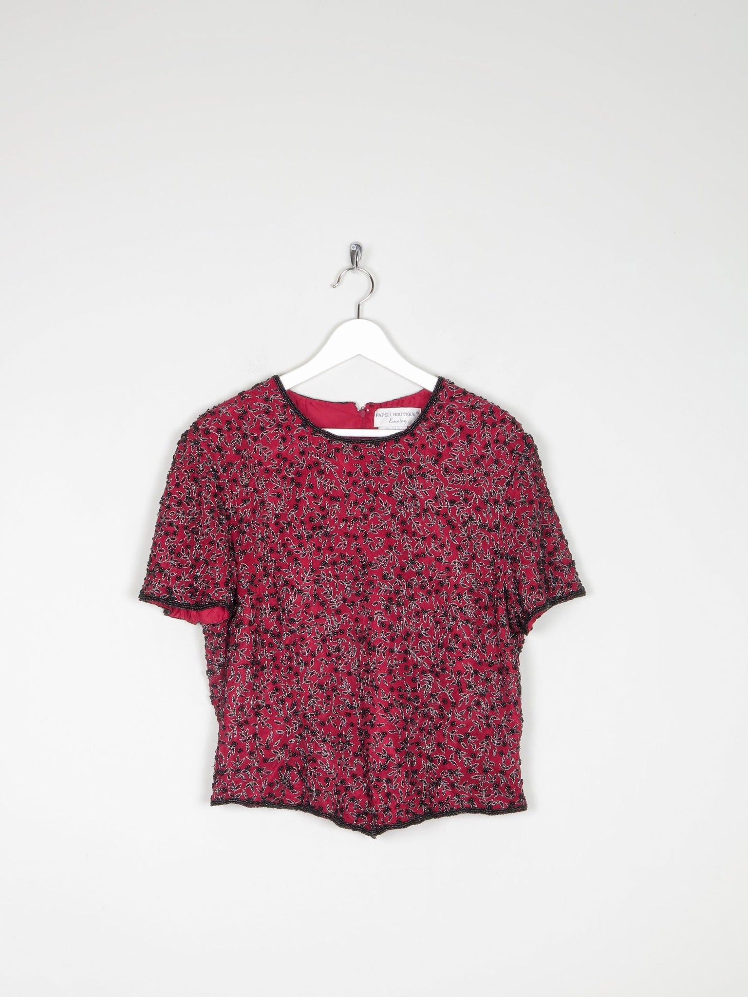 Red & Black Beaded Short Sleeved Top L - The Harlequin