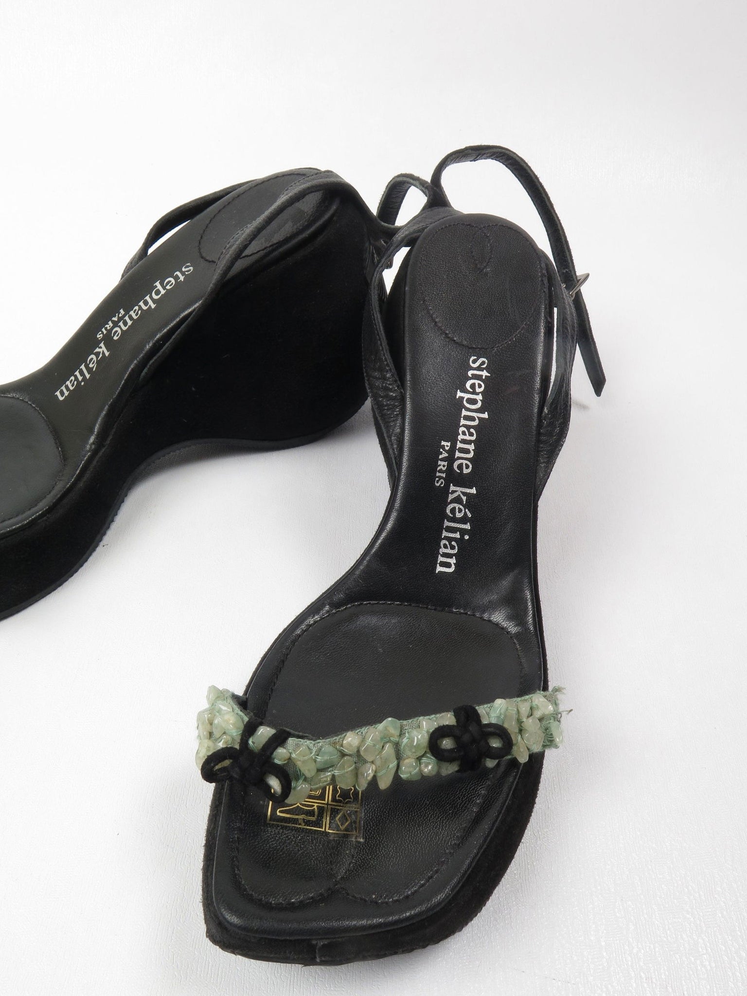 Stephaine Kelian Black Suede Wedge Shoes With Green Stones 5.5 - The Harlequin