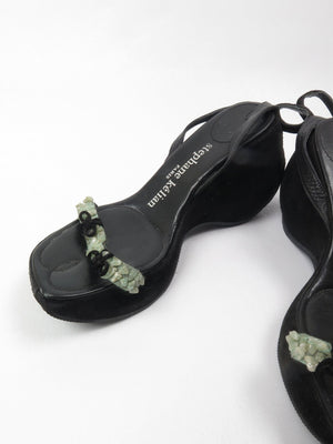 Stephaine Kelian Black Suede Wedge Shoes With Green Stones 5.5 - The Harlequin