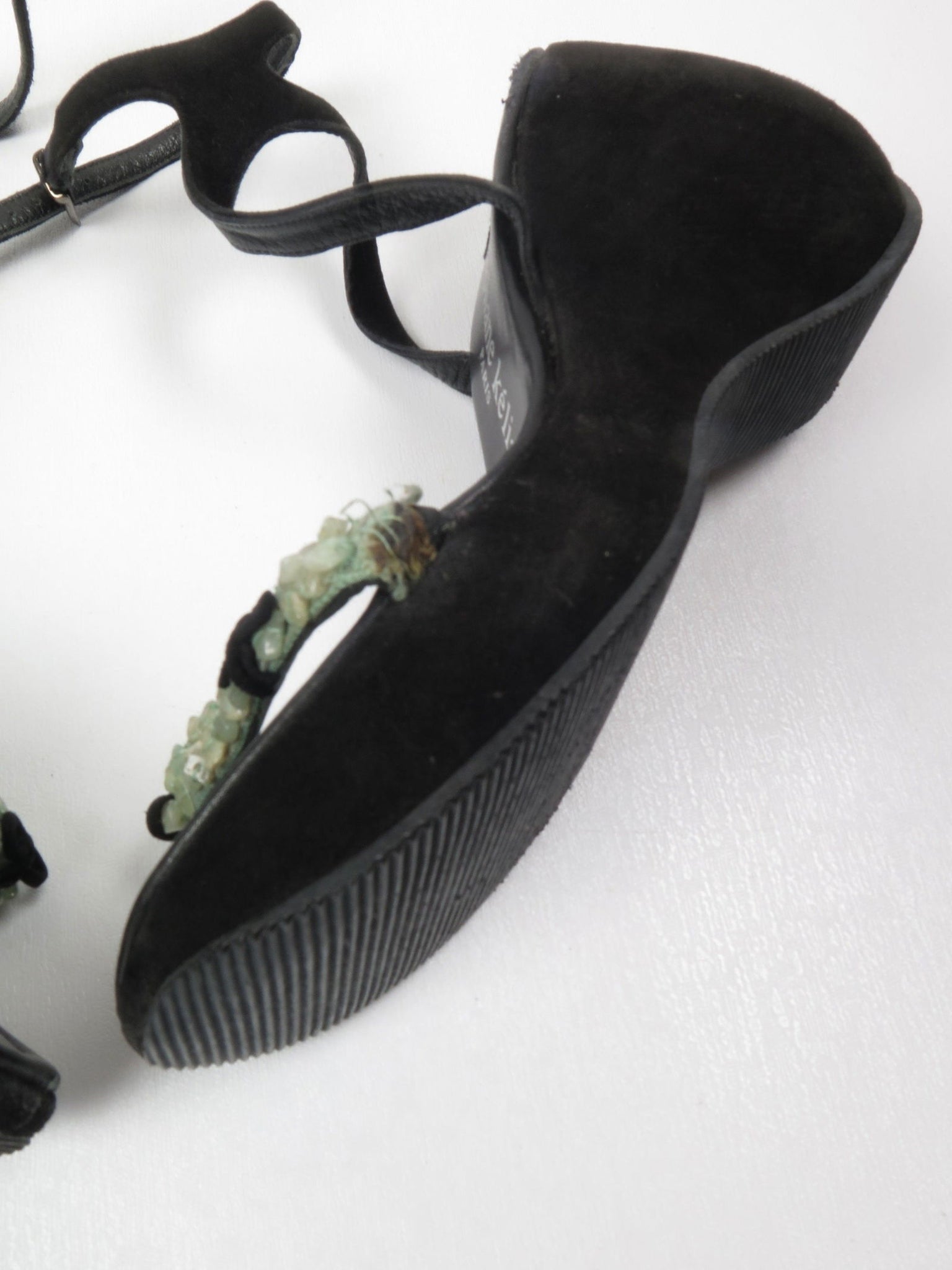 Stephaine Kelian Black Suede Wedge Shoes With Green Stones 5.5 - The Harlequin