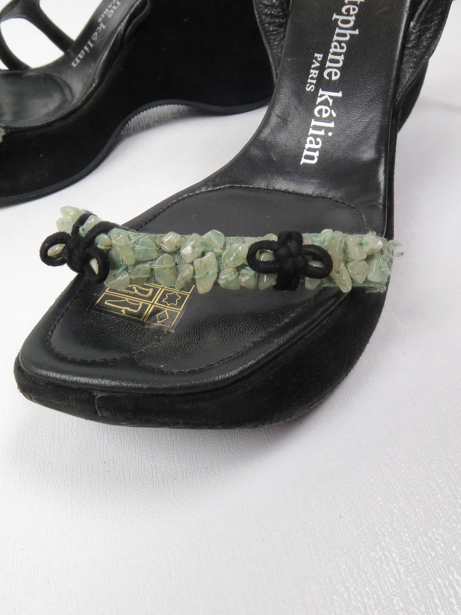 Stephaine Kelian Black Suede Wedge Shoes With Green Stones 5.5 - The Harlequin