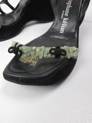 Stephaine Kelian Black Suede Wedge Shoes With Green Stones 5.5 - The Harlequin