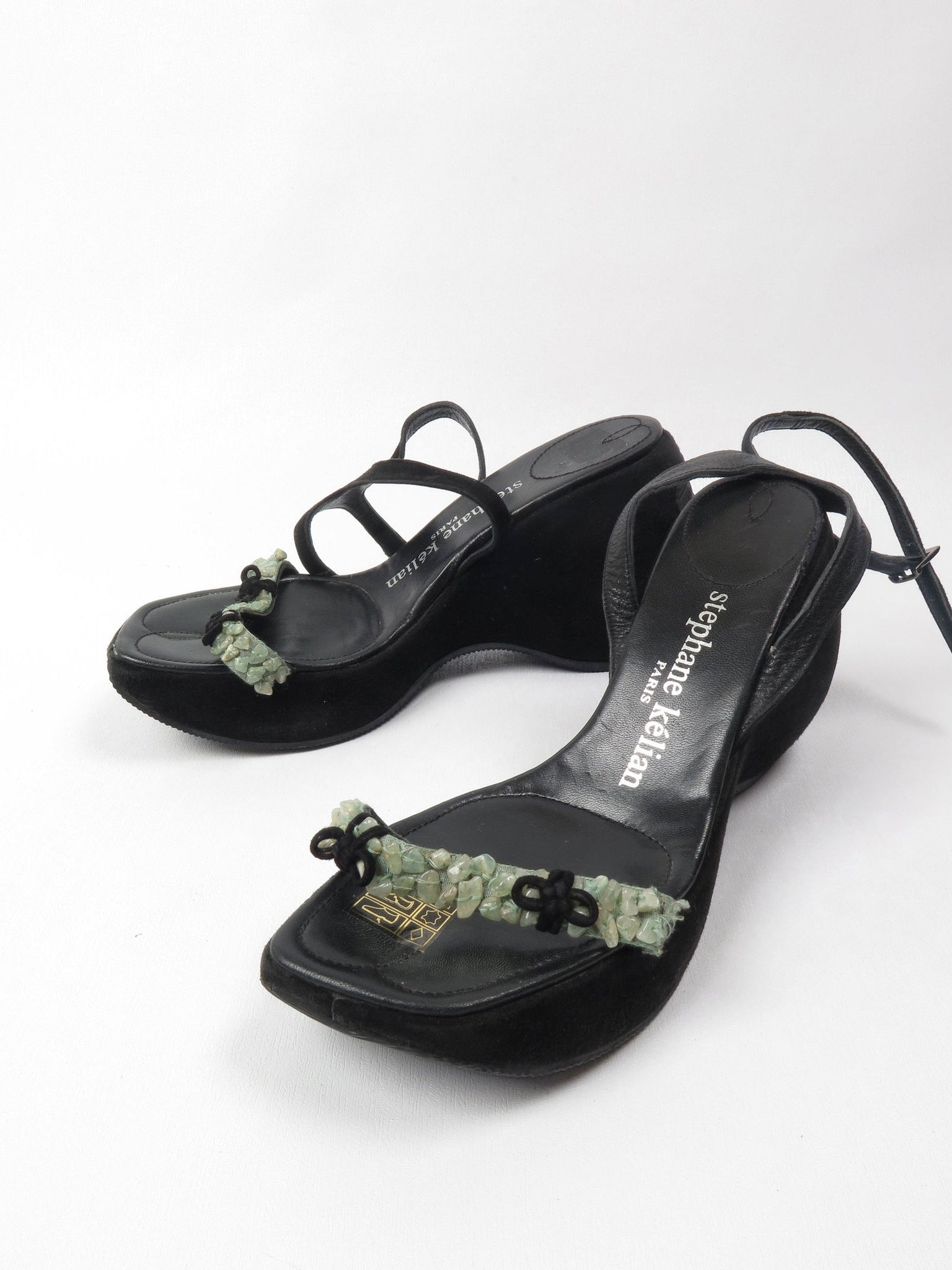 Stephaine Kelian Black Suede Wedge Shoes With Green Stones 5.5 - The Harlequin